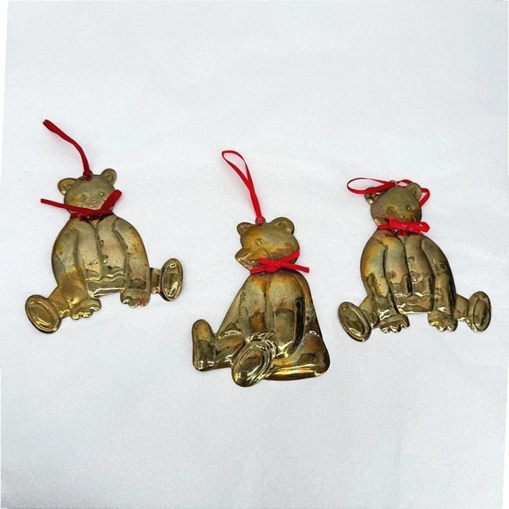 Dept 56 Teddy Bear Shaped Ornaments Brass Vintage Set 3 Holiday Hong Kong Retro